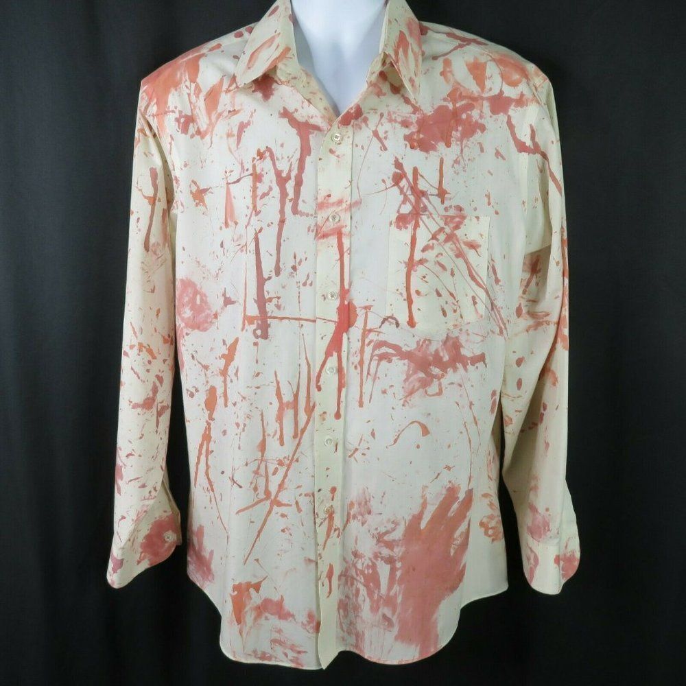 Stafford Pink Splatter Shirt Mens L 16 1/2 35 Cotton Blend LS Wrinkle Free Drip